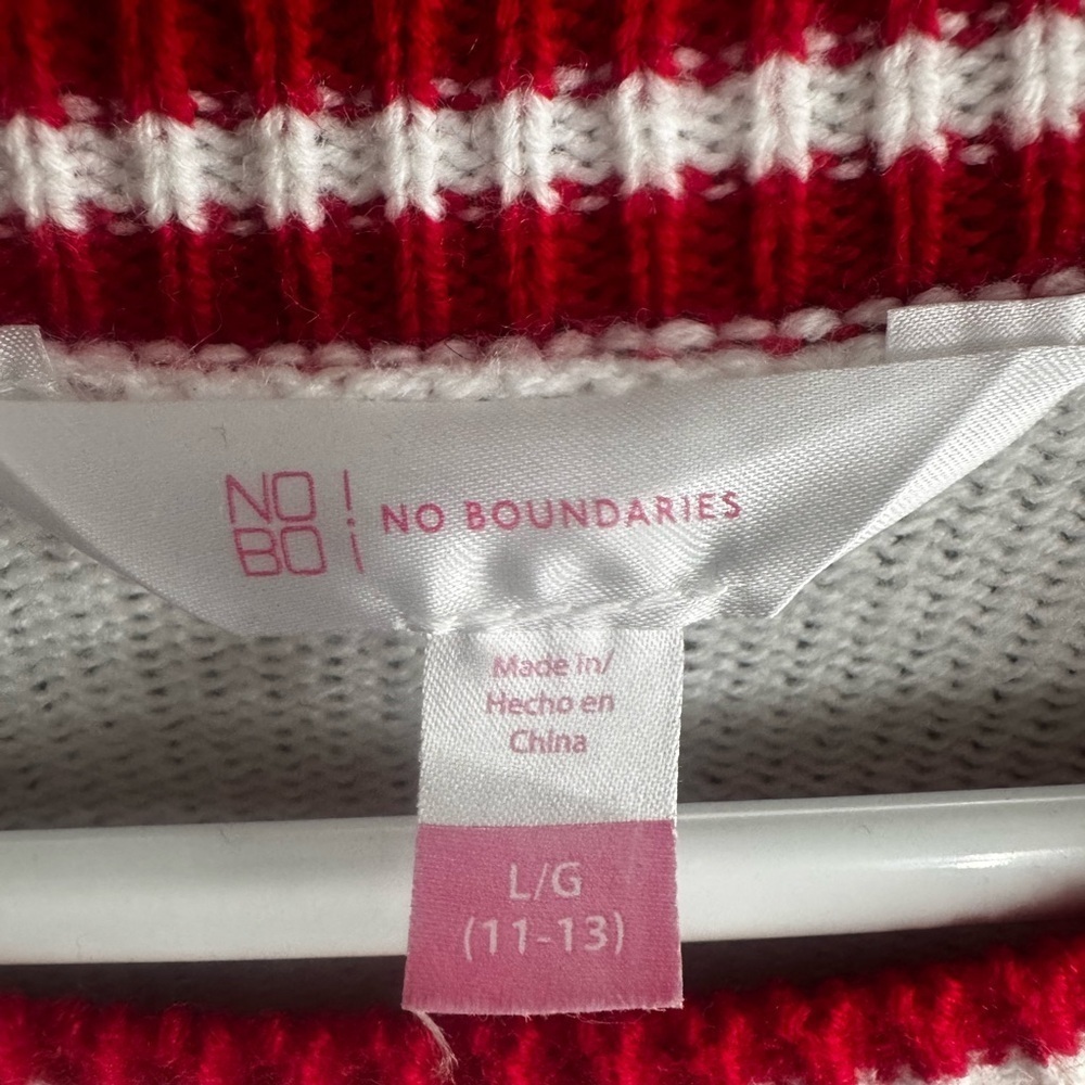 No Boundaries Festive White Sweater with Red and Green Accents - Picture 3 of 3
